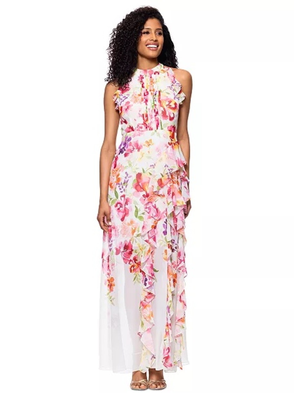 Betsy & Adam Pink Floral Halter Ruffle Maxi Dress